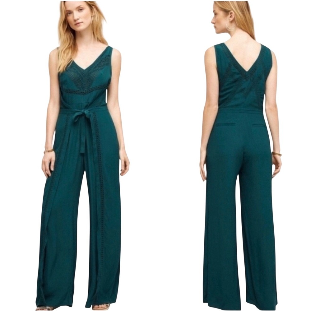 Elevenses Anthropologie Teal Crochet Lace Wide Leg Jumpsuit Size 0 Turquoise NEW